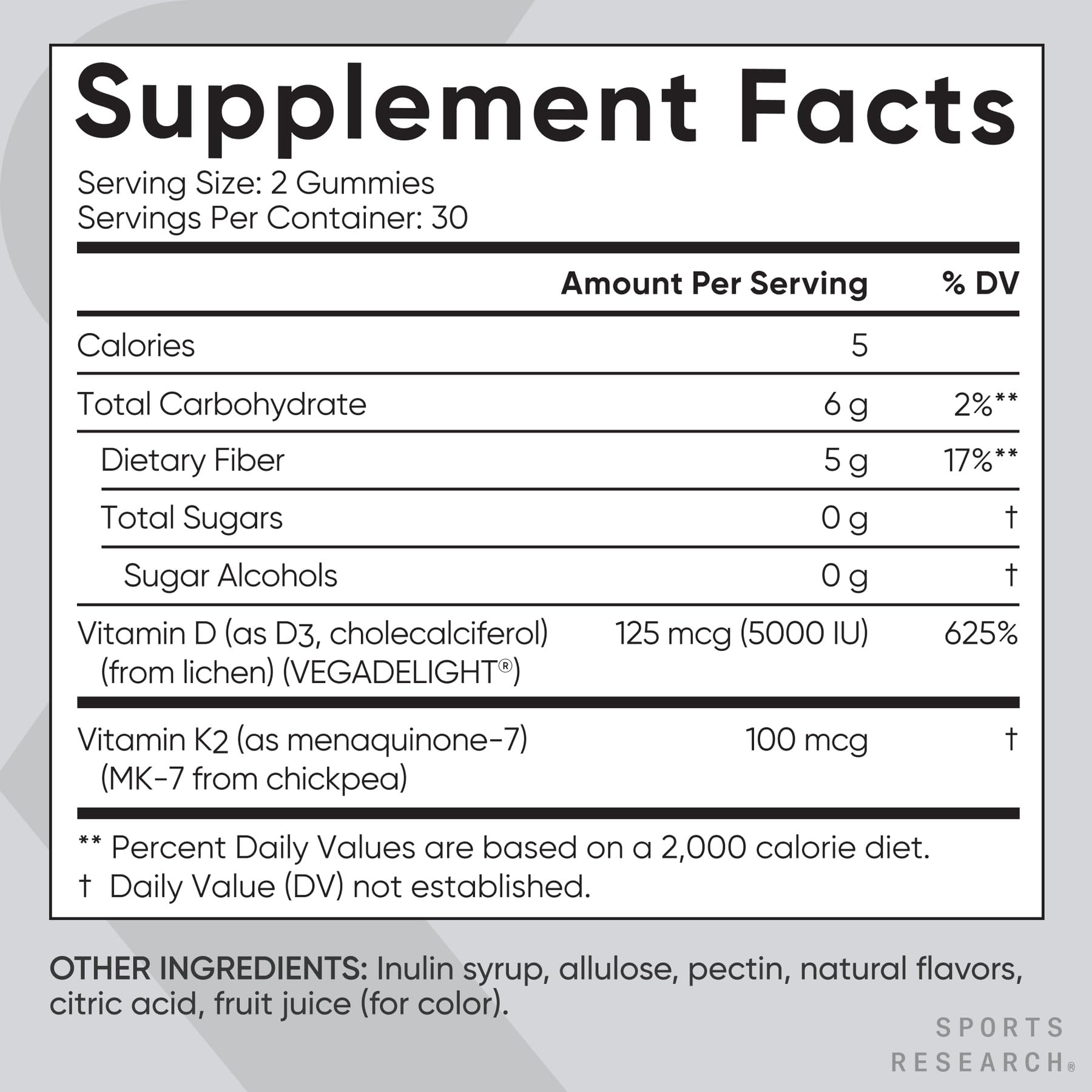 Sports Research® Vegan Vitamin D3 + K2 Sugar-Free Gummies, 60 Count | 125mcg (5000iu) Vitamin D w/ 100mcg Mk7 Vitamin K - Supports Bone & Immune Health* - Vegan Certified · Non-GMO · Soy Free