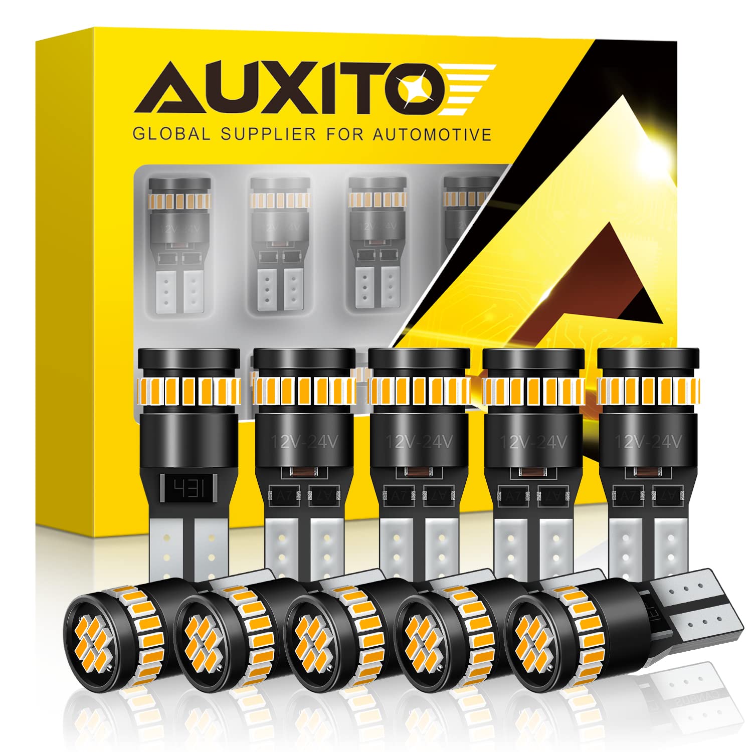Buy now AUXITO 194 LED Light Bulb 6000K White 168 2825 W5W T10 Wedge 24-SMD 3014 Chipsets LED Replacement Light Kit Error Free for Car Interior Dome Map Door License Marker Lights, Pack of 10 Amber Yellow 194 168 at indiglob india