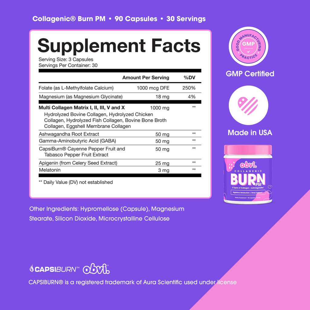 Obvi Collagenic Burn PM | Nighttime Collagen Peptides for Sleep & Recovery | 5 Types Collagen + Ashwagandha, GABA & Melatonin | CapsiBurn Metabolic Support | 90 Capsules | Made in USA
