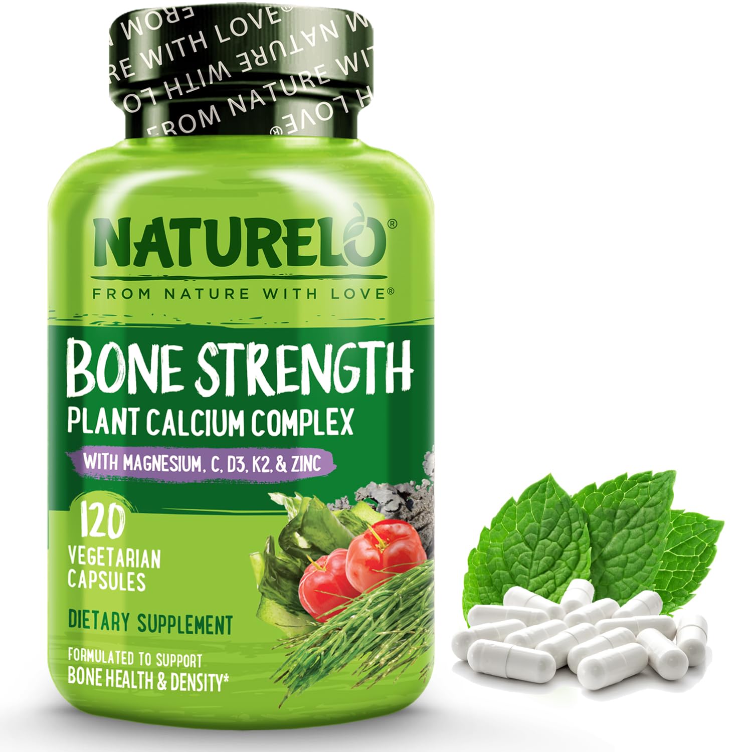 NATURELO 600mg Calcium Supplement for Bone Strength, VIT D3, 120 Capsules | Magnesium, Zinc, Vit K2, for Women & Older Adults, Plant-Based, Well Tolerated, NSF Contents Certified, MFD in GMP Facility