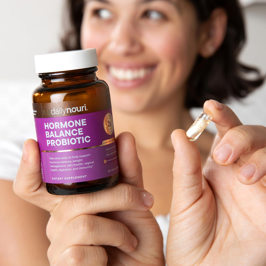 Daily Nouri Hormone Balance Probiotic for Women | Healthy Estrogen Metabolism, Hormone & Cycle Support | Gut-Hormone Support for PMS, Skin, Bloating & Perimenopause | 7 Studied Strains + Plant Omega