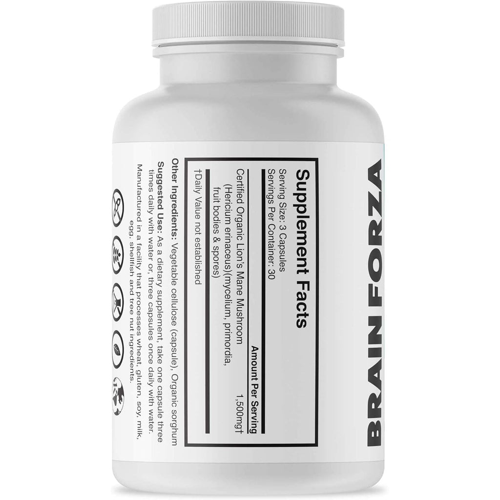 Buy now Brain Forza Organic Lion's Mane Mushroom Capsules, Natural Supplement for Memory Support, Focus, Clarity, Nerve Health, Non-GMO, Vegan, Organic, 90 Capsules at indiglob india