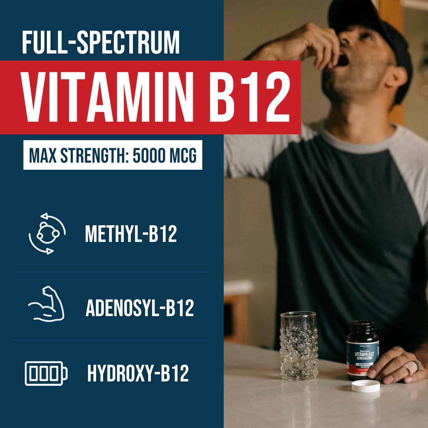 BioActive Vitamin B12 - 5000 mcg, Contains 3 BioActive Forms Methylfolate Cofactor - Methyl B12, Adenosyl B12 & Hydroxy B12 | Supports Energy, Metabolism & Mood | Vegan, Non-GMO (60 Servings)