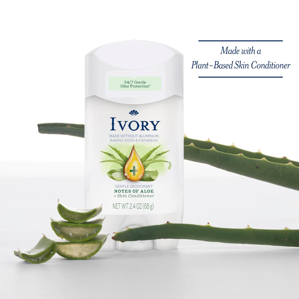 Ivory Aluminum Free Deodorant, Notes of Aloe, 24hr Gentle Deodorant, Dermatologist Tested, Baking Soda Free, Paraben Free, 2.4 oz