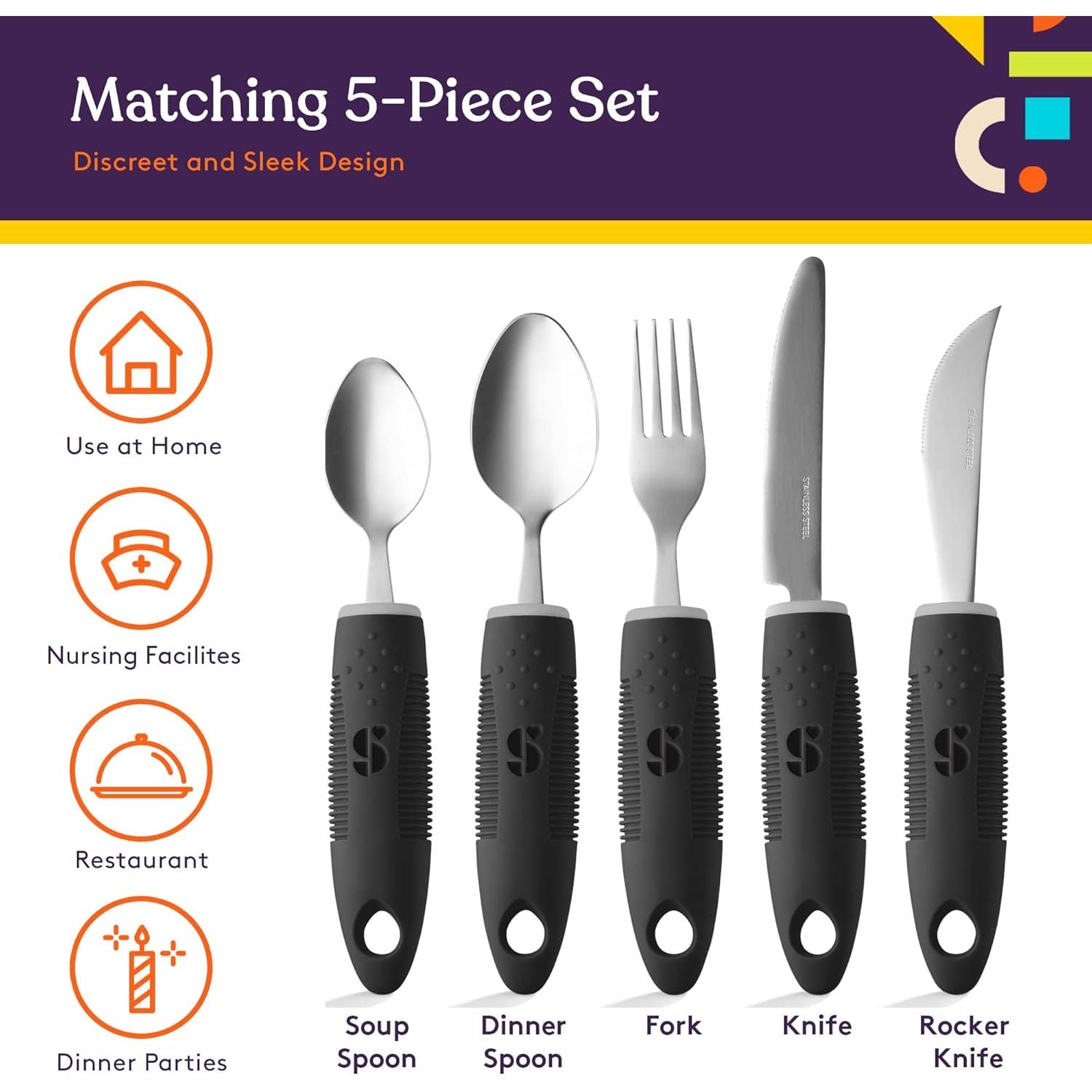 Buy now Special Supplies Adaptive Utensils (5-Piece Kitchen Set) Wide, Non-Weighted, Non-Slip Handles for Hand Tremors, Arthritis, Parkinsonâ€™s or Elderly Use (Black) at indiglob india