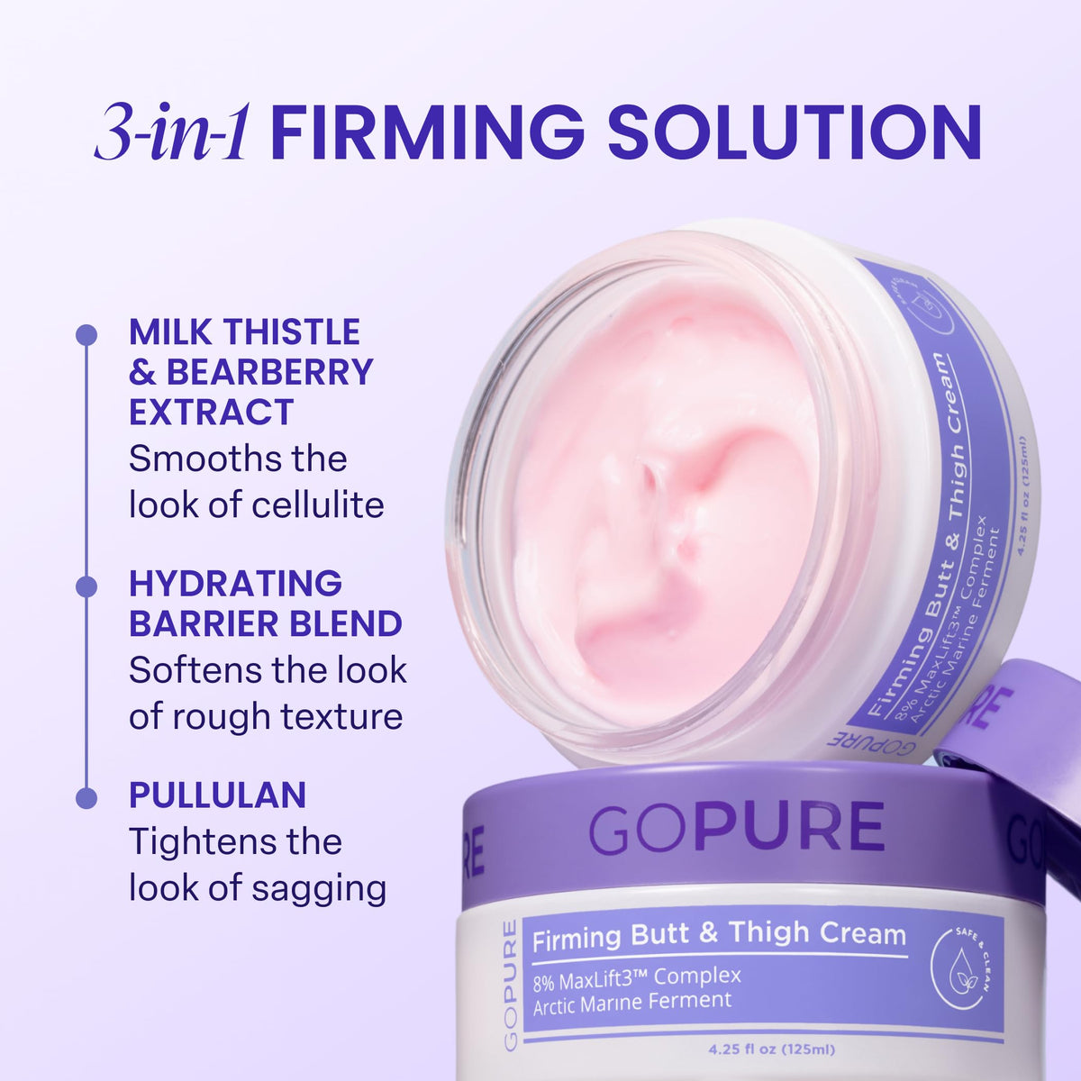 goPure Firming Butt & Thigh Cream - Skin Tightening Cream for Body with 8% MaxLift3 Complex - Visibly Smooths Stretch Marks - Cellulite Cream & Crepe Solution - Hydrating Barrier - Clinically Tested