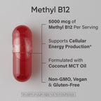 Sports Research® Vitamin B12 as Methylcobalamin 5000mcg, 120 Liquid Caps | Plant-Based B12 with Coconut MCT Oil for Energy Metabolism Support | Vegan, Non-GMO, 120 Servings