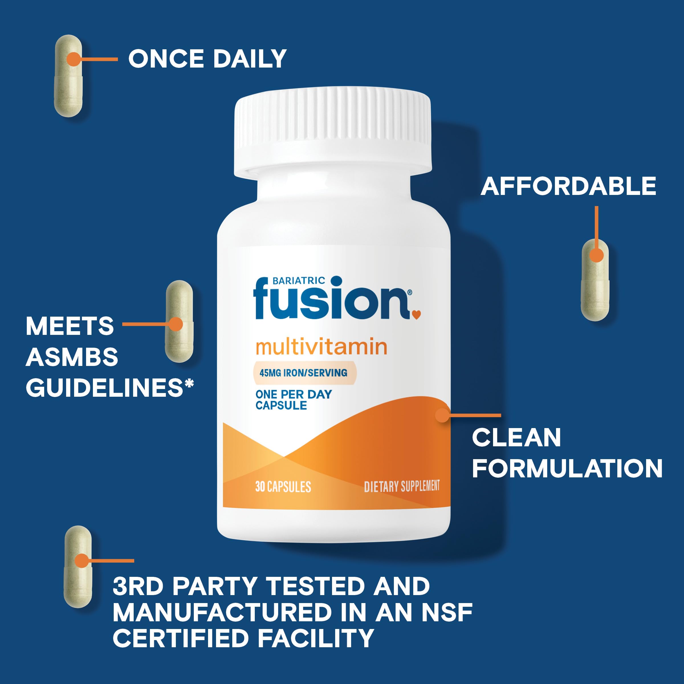 Bariatric Fusion Multivitamin with Iron for Women and Men | Once Daily Capsule | GLP-1 Vitamins | 45mg Iron | 30 Count |1 Month Supply