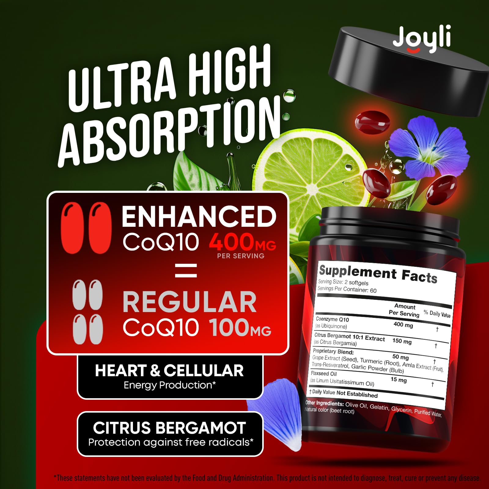 CoQ10 400mg Softgels - High Absorption Co Q10, 400mg Softgels for Heart Health & Energy Production - Enhanced Co Q 10 Supplement with Antioxidants and Flaxseed Oil - CoQ10 400 mg per Serving