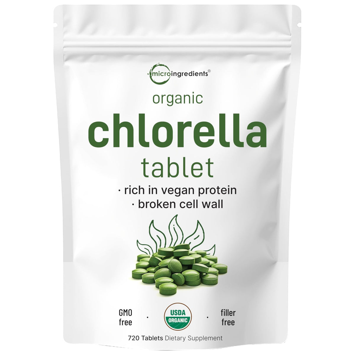 Organic Chlorella Tablets, 500mg Per Tablet, 720 Tabs (360 Grams), 4 Months Supply, Broken Cell Wall, Rich in Vegan Protein & Vitamins, No Filler, No Additives & Non-GMO | Pure Green Algae Superfood