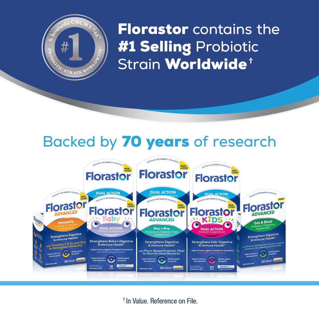 Florastor Advanced Pro+Pre Daily Probiotic and Prebiotic, 30 Capsules | Boosts Good Bacteria with Saccharomyces Boulardii CNCM I-745