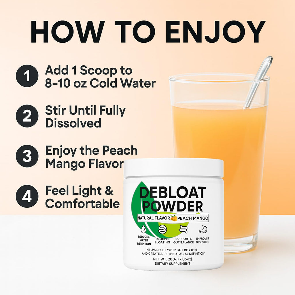 Debloat Powder for Supports Digestive Comfort & Bloating Relief, Digestive Enzymes for Women & Men, Rich in Vitamin C, Dandelion Root, Horsetail Extract, Non GMO, Peach Mango, 200G / 7.05OZ