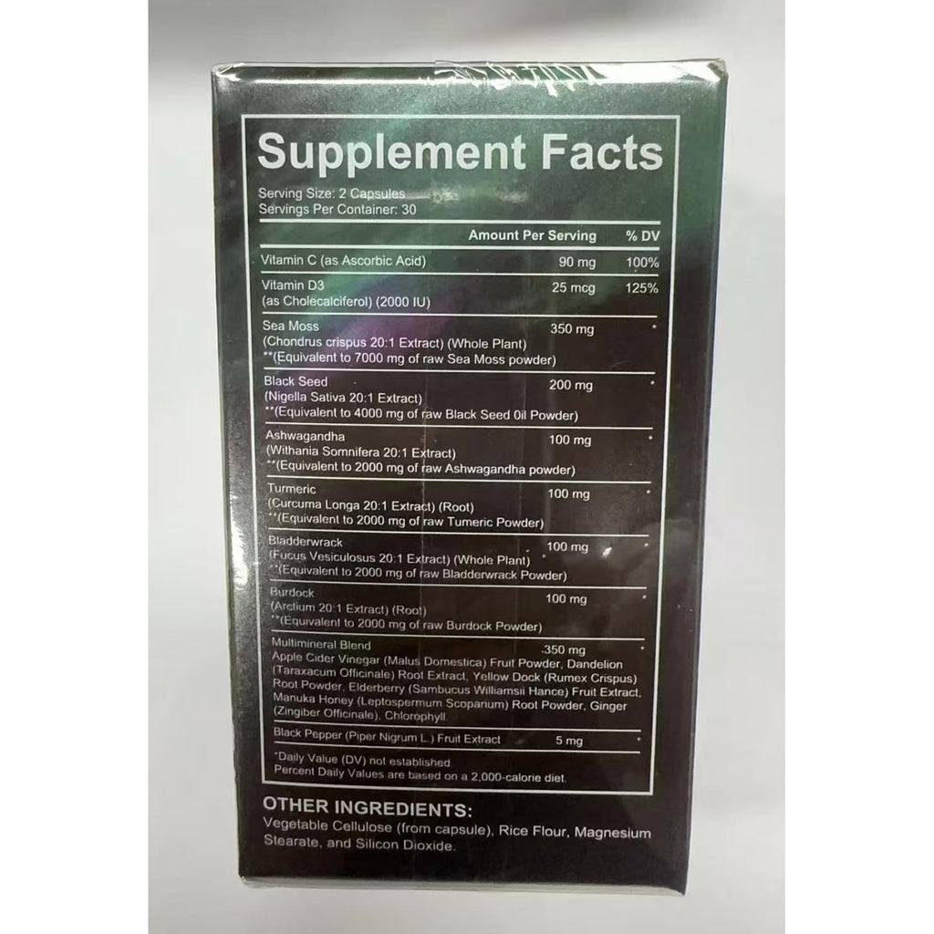 Sea Moss Black Seed Oil Ashwagandha Ginger, Sea Moss Capsule Supplement with Turmeric Burdock Root Bladderwrack Vitamin C Vitamin D3 Enhanced Immunity & Energy Black Seed Oil Capsule 60 Count