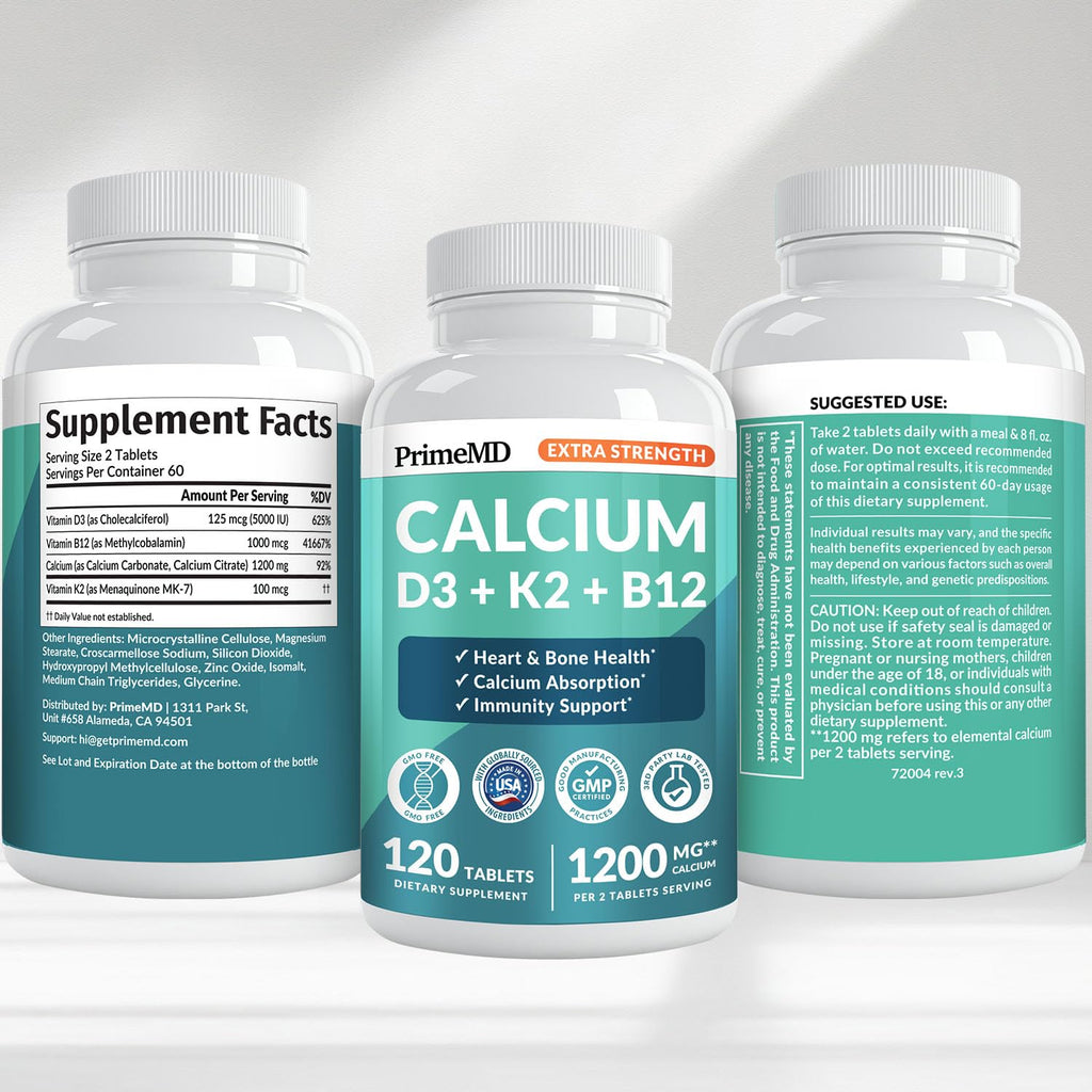 PrimeMD 4-in-1 Calcium 1200mg, Vitamin D3 K2 5000IU, Vegan Non-GMO, 120ct | Bone Health and Everyday Vitality Support, Extra Strength Calcium with Vitamin D3 and K2, Vegan, Non-GMO, Calcium Supplement