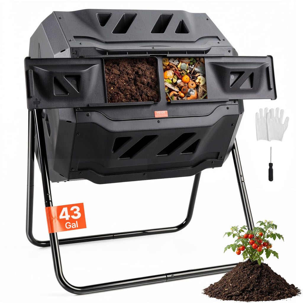 VEVOR Compost Bin, 43-Gal Dual Chamber Composting Tumbler, Large Tumbling Rotating Composter with 2 Sliding Doors and Steel Frame, BPA Free Composter Bin Tumbler for Garden, Kitchen, Yard, Outdoor