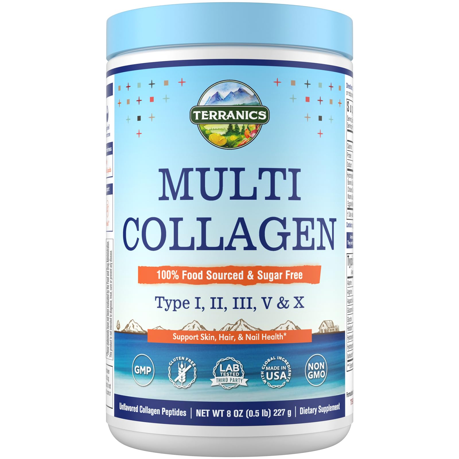 Terranics Multi Collagen Peptides Powder, Type I II III V X Hydrolyzed Collagen for Women+Men, Collagen Supplements, Fast Dissolve, Unflavored Colageno, No Sugar, Keto, 8oz