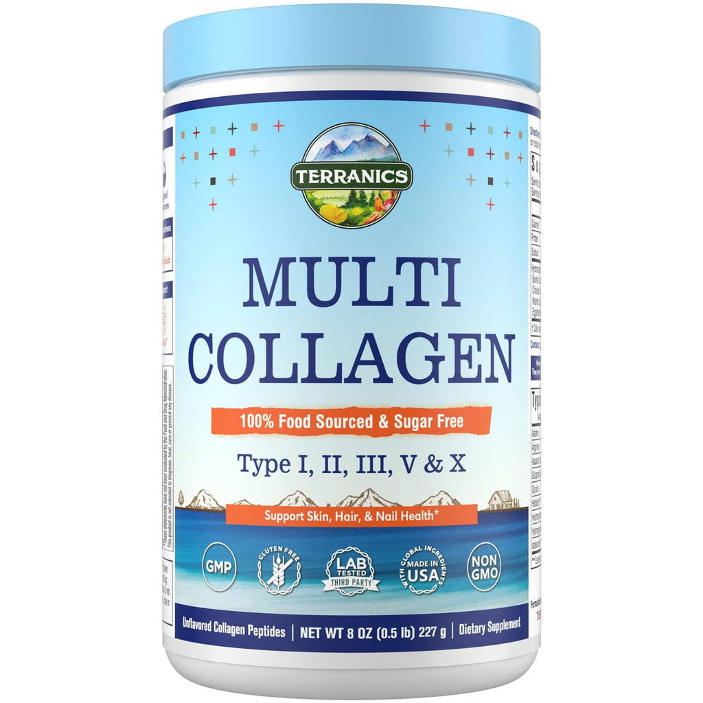 Terranics Multi Collagen Peptides Powder, Type I II III V X Hydrolyzed Collagen for Women+Men, Collagen Supplements, Fast Dissolve, Unflavored Colageno, No Sugar, Keto, 8oz
