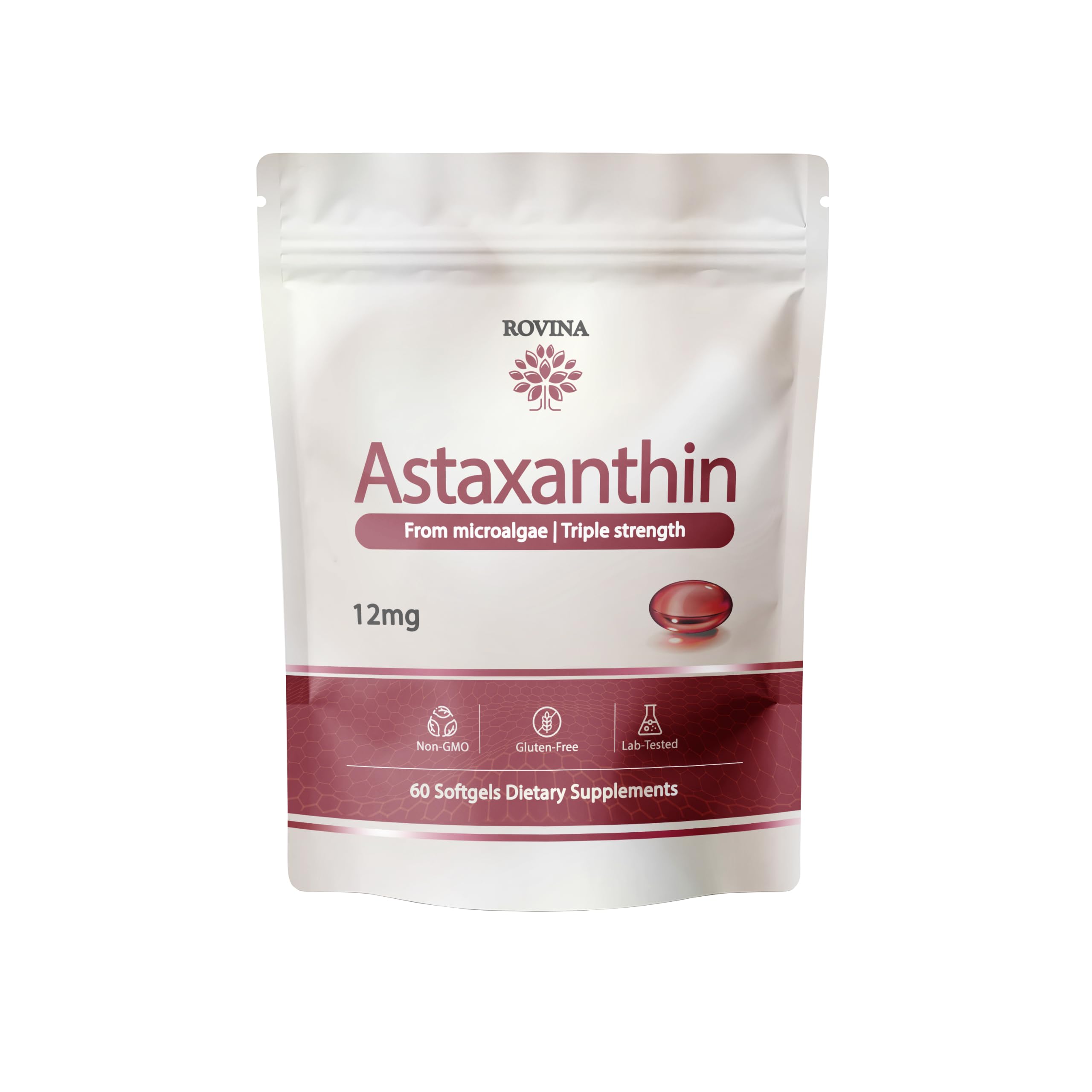 ROVINA Astaxanthin 12mg Softgels, Triple Strength Antioxidant | Triple Strength Antioxidant from Microalgae; supports eye, skin, immune & joint health; Non-GMO, Gluten Free, 60 ct