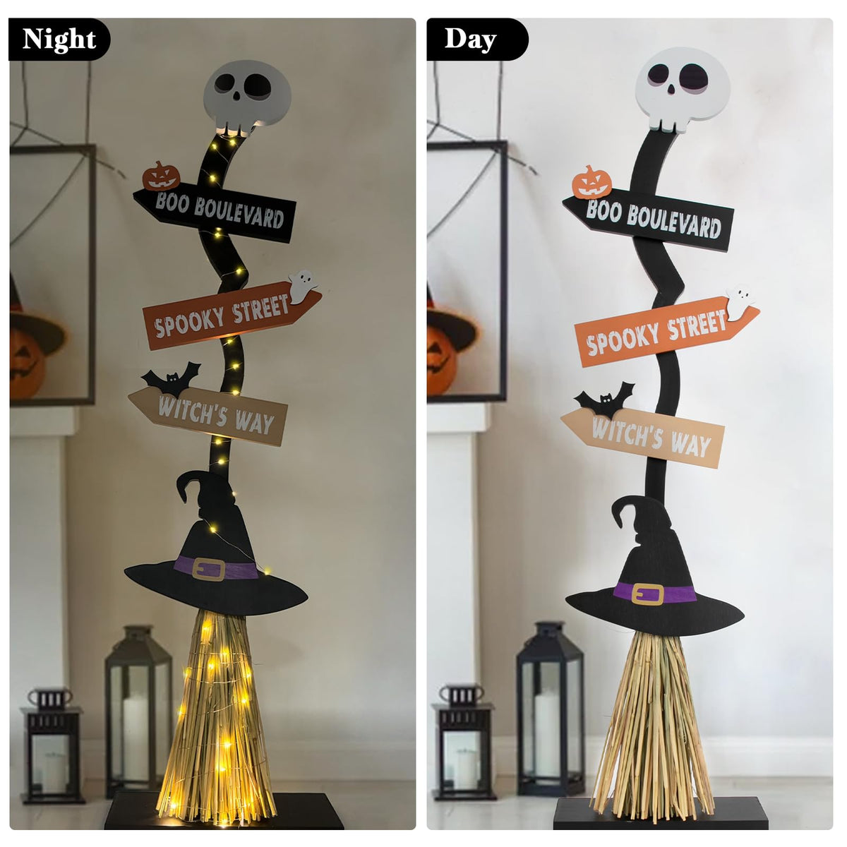 Lighted Halloween Wooden Witch Broom for Indoor Outdoor Decorations