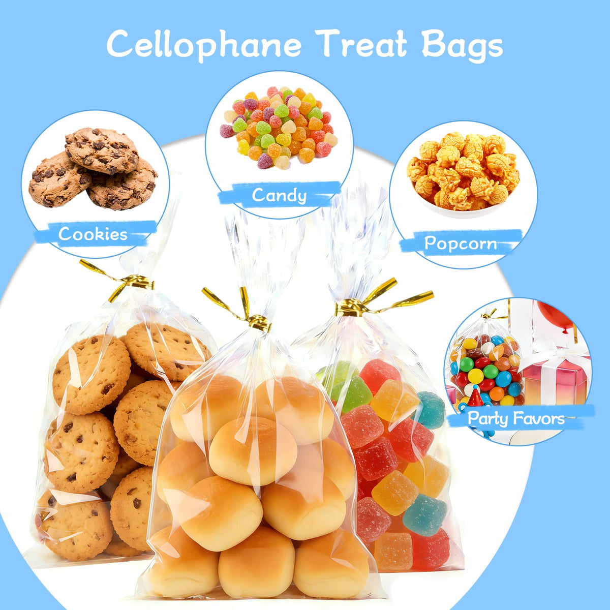 Gewutho 100 Pack Cellophane Bags, 6×10-Inch Clear Cellophane Gift Bags with 100 Gold Twist Ties Included, Plastic Packaging Bags Ideal for Wrapping Cookies, Candies, Party Favors, and Popcorn
