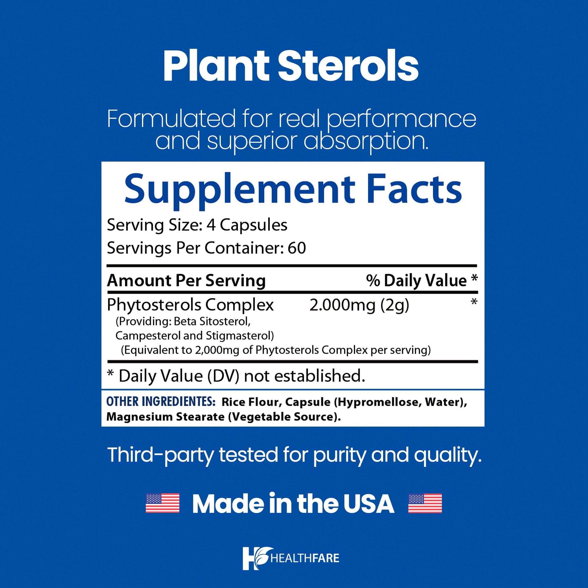 Healthfare Plant Sterols Capsules | 240 Vegan Capsules | Beta Sitosterol & Phytosterol Complex | Plant-Based Supplement | Non-GMO & Gluten-Free | Made in the USA