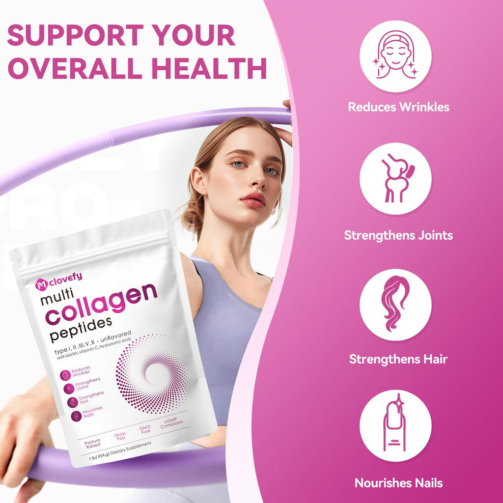 Multi Collagen Peptides Powder, Unflavored, 1lb (41 Servings) | Hydrolyzed Type I, II, III, V, X Collagen with Hyaluronic Acid, Biotin & Vitamin C, Easily Mixes in Drinks
