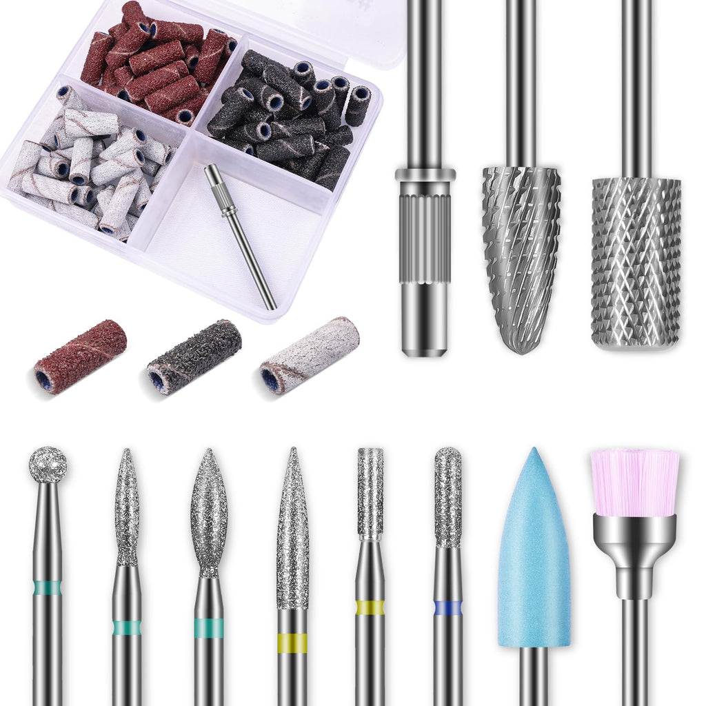 Depvko 10pcs Carbide Nail Drill Bits Set with 75Pcs Small Sanding Bands | Professional Efile Set with #80#120#180 Sanding Bands&Mandrel Bit for Acrylic Gel Removal, Shaping & Manicure Prep