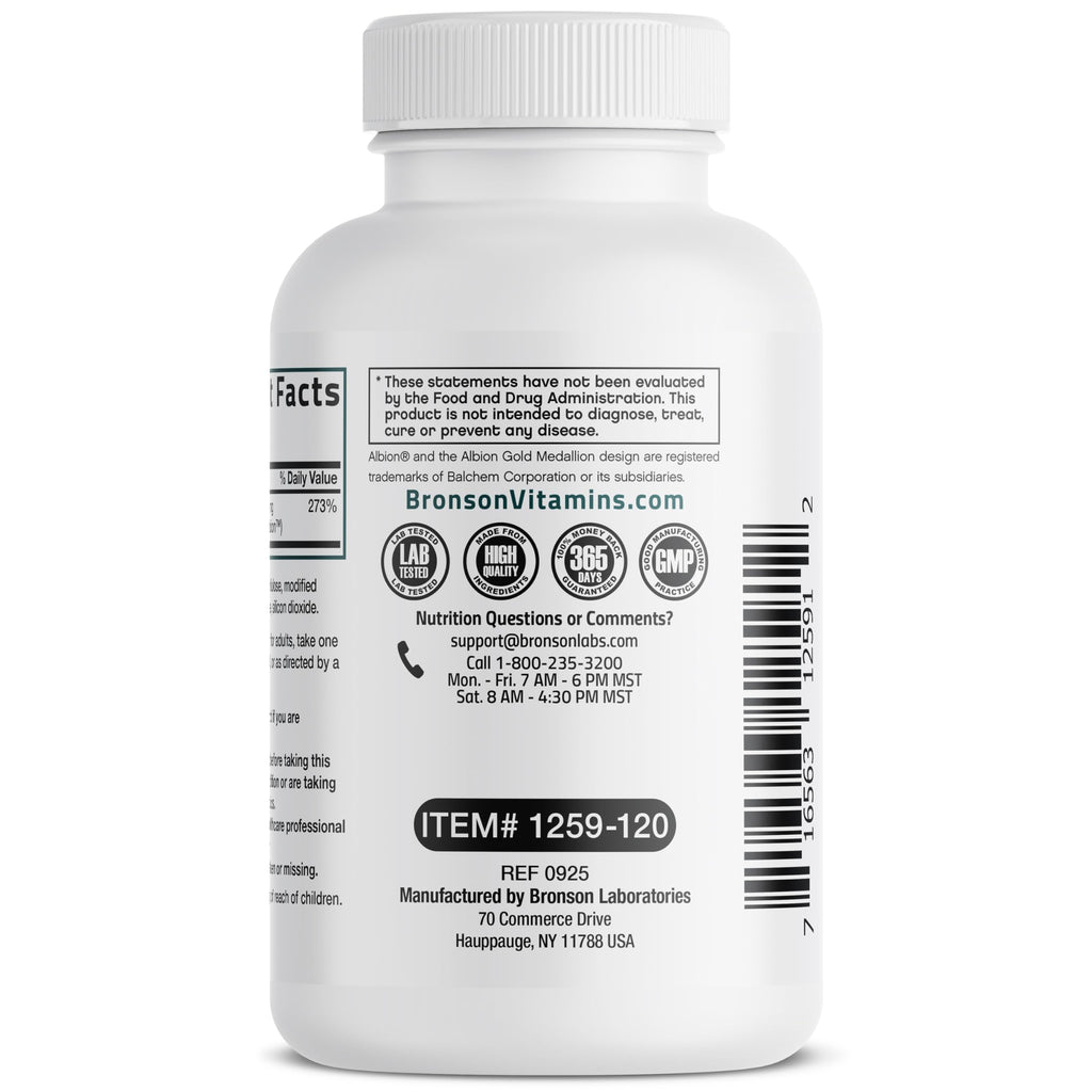 Bronson Zinc Glycinate 30 mg (Zinc Bisglycinate Chelate), 120 Capsules | 100% Chelated Zinc from Albion Minerals for Absorption & Stability, Vegetarian, Non-GMO, Gluten-Free & Soy-Free