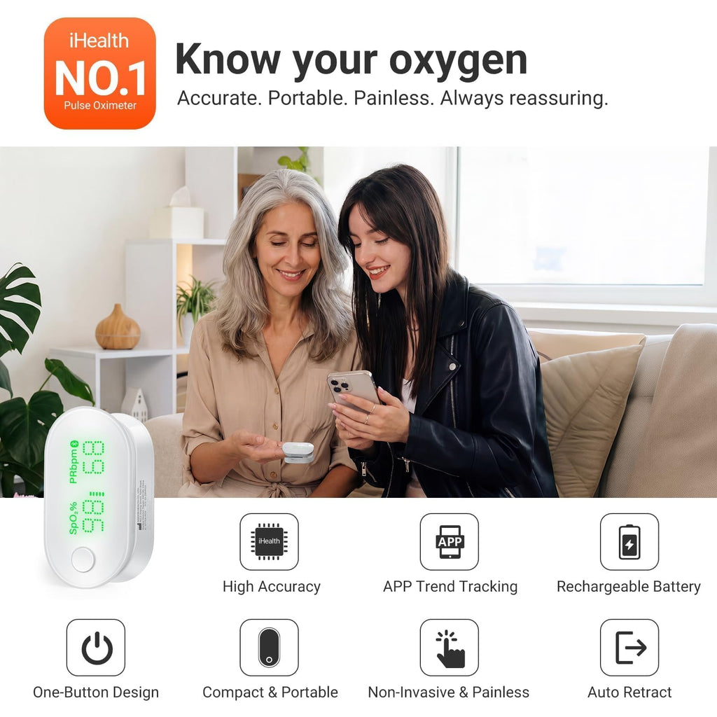 iHealth Rechargeable Bluetooth Fingertip Pulse Oximeter with SpO2, PR & PI