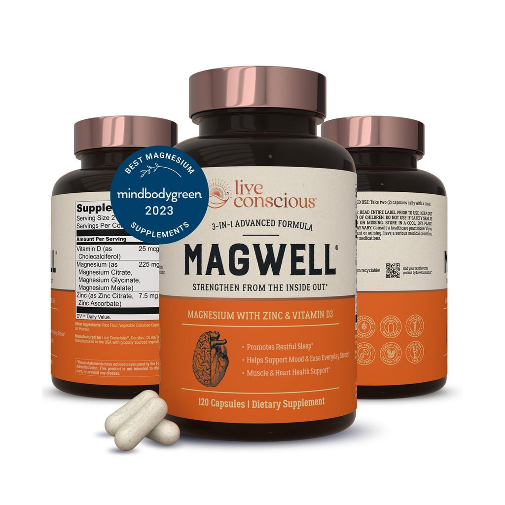 Live Conscious Magnesium Zinc & Vitamin D3 - Bioavailable Forms of Magnesium - Malate, Glycinate, Citrate - MagWell Bone & Heart Health, Immune System Support - 120 Capsules (2-Pack)