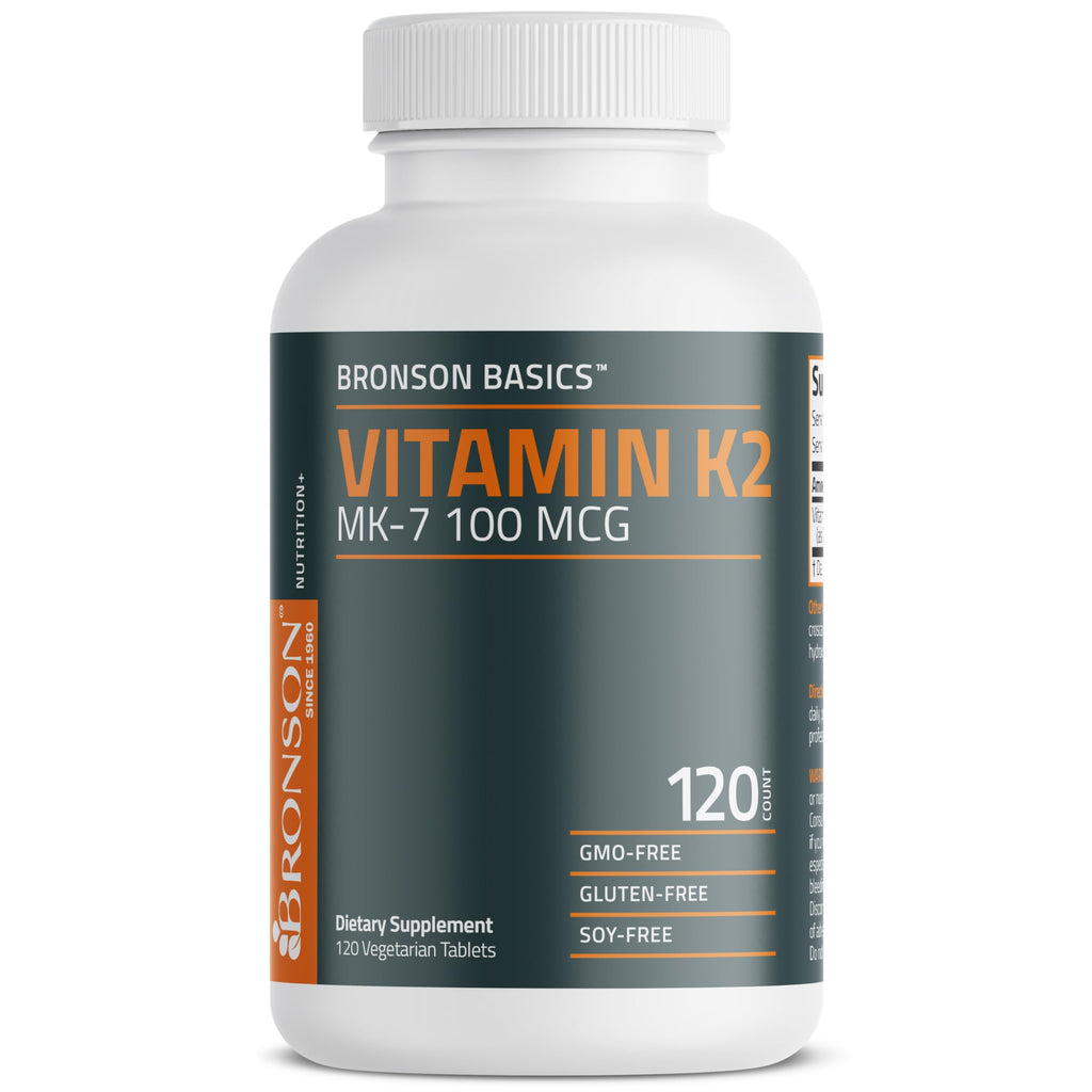 Bronson Vitamin K2 MK-7 100 mcg, K2 as MK7 Menaquinone, 120 Tablets | Helps Transport Calcium to Bones, Biologically Active Longer than Vitamin K1, Non-GMO, Gluten-Free & Soy-Free