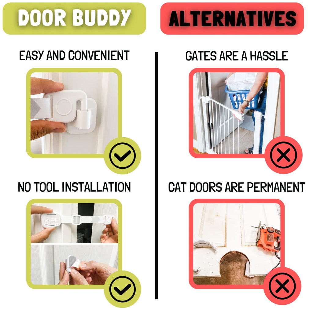 Door Buddy Cat Door Latch & Stopper. Adjustable Dog Proof Door Strap for Cats. Dog Proof Litter Box & Cat Feeder. Simpler Pet Gate Alternative. No Cut Cat Door Interior Door.