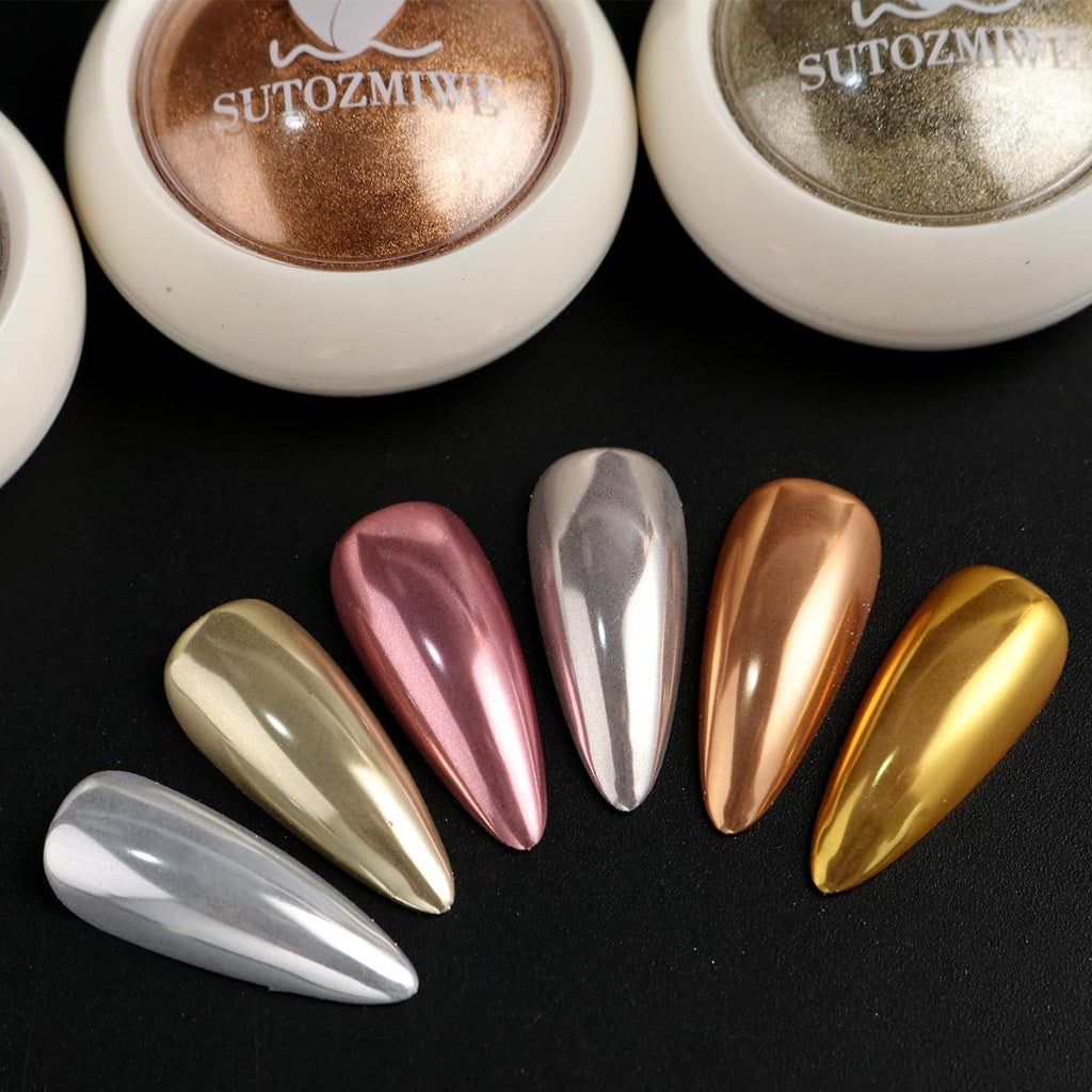 6PCS Chrome Nail Powder Metallic Mirror Pigment Glitter Effect