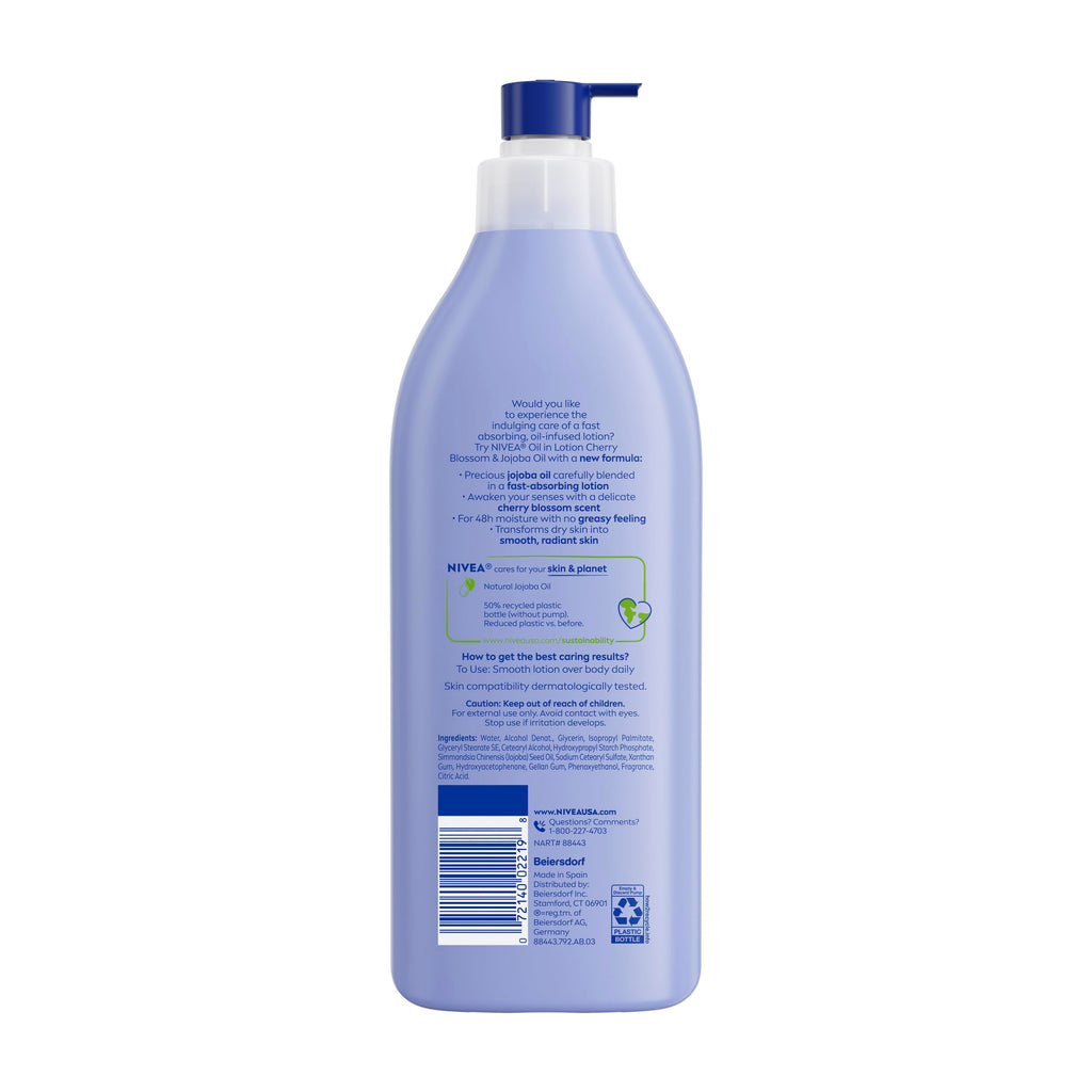 NIVEA Oil Infused Cherry Blossom and Jojoba Oil Body Lotion for Women, Fast-Absorbing and Non-Greasy Cherry Blossom Scented Lotion Moisturizes for 48 Hours, 16.9 Fl Oz Pump Bottle