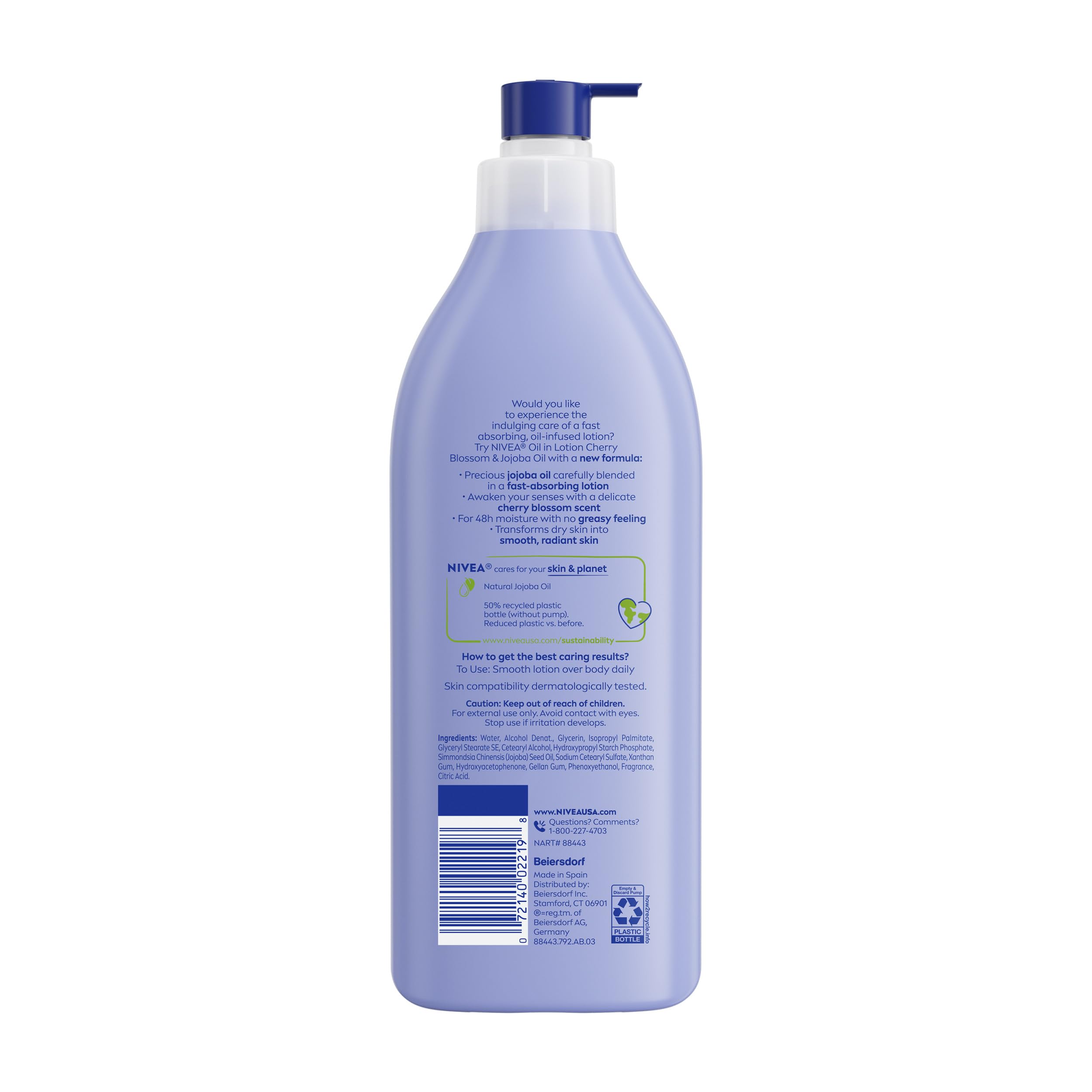 NIVEA Oil Infused Cherry Blossom and Jojoba Oil Body Lotion for Women, Fast-Absorbing and Non-Greasy Cherry Blossom Scented Lotion Moisturizes for 48 Hours, 16.9 Fl Oz Pump Bottle