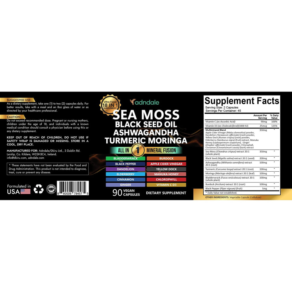 Adndale Sea Moss Capsules - Sea Moss Blend with Ashwagandha, Turmeric & Black Seed Oil - 90 Count