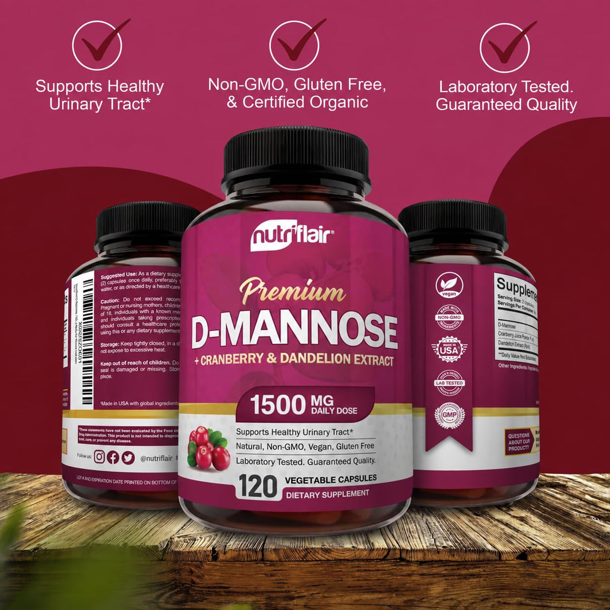 NutriFlair D-Mannose 120 Capsules, 1500mg - with Cranberry and Dandelion Extract - Natural Urinary Tract Health UTI Support - Best D Mannose Powder - Flush Impurities, Detox Body, for Women and Men