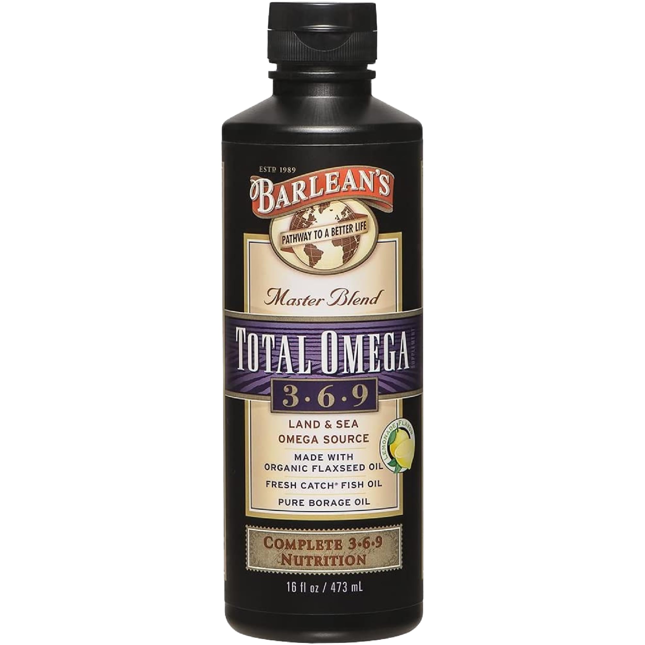 Barlean's Orange Creme Omega 3-6-9 Liquid Fish Oil, 2400mg Omegas,16oz | Fish, borage & flax oils, EPA DHA ALA GLA omegas, Burpless, Non-GMO, Gluten-free, Heart, joint & skin support