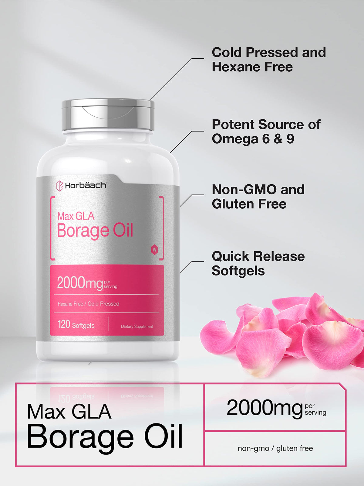 Horbäach Borage Oil Capsules 2000 mg | 120 Softgels | 320mg of GLA