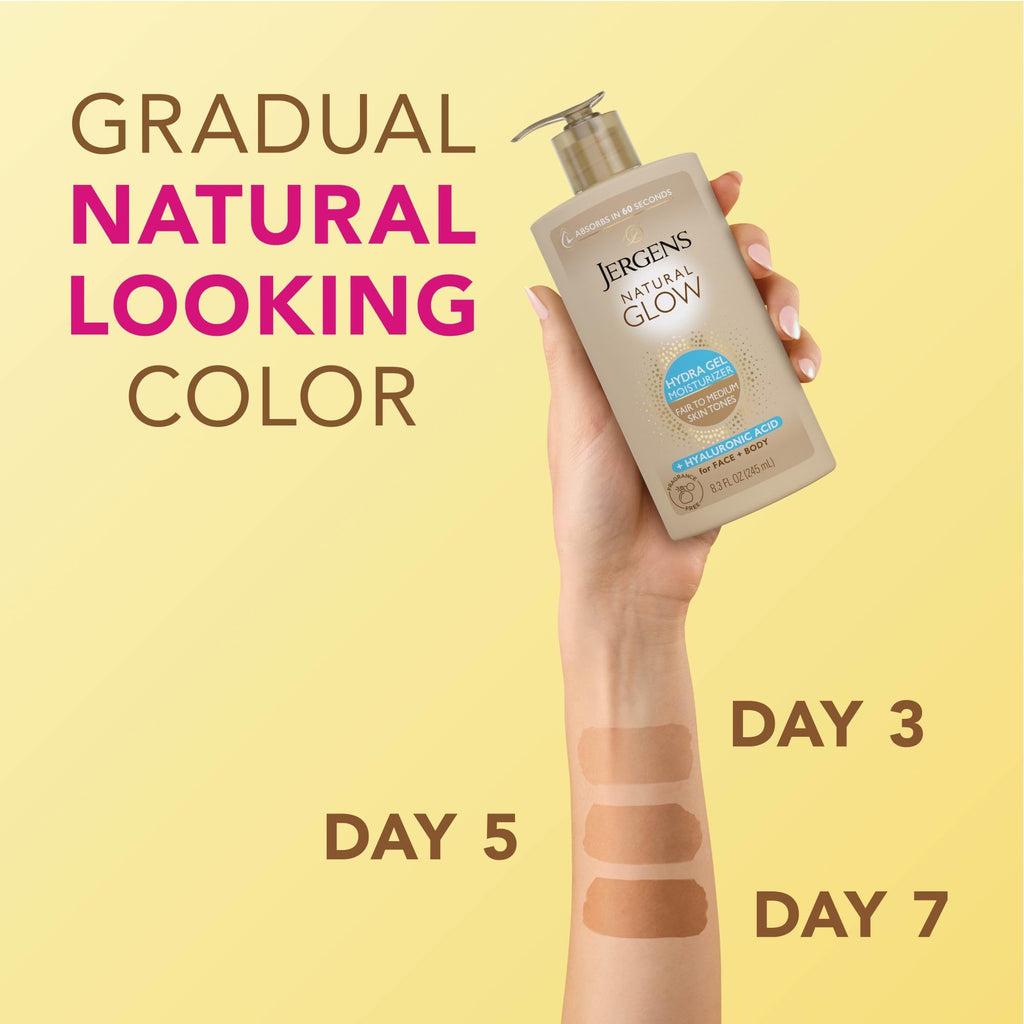 Jergens Natural Glow Hydra Gel Self Tanner, Fair to Medium, 8.3 fl oz | Gradual Self Tanning Gel, Hyaluronic Acid, Hydrating, Fragrance-Free, Fair to Medium Skin, Buildable Glow