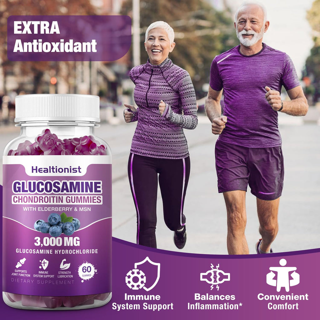 2 Packs 3000mg Glucosamine Chondroitin Gummies with MSM & Elderberry - Extra Strength Joint Health, Flexibility, Antioxidant Immune Support Supplement Gummy for Adults, Men & Women 120 Cts