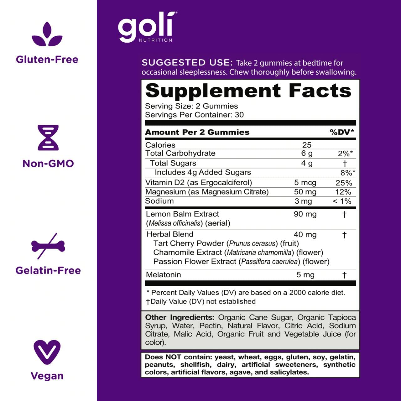 Goli Dreamy Sleep Gummy - 60 Count - Melatonin, Vitamin D, Magnesium, and Lemon Balm Extract - Gelatin-Free, Gluten-Free, Vegan & Non-GMO