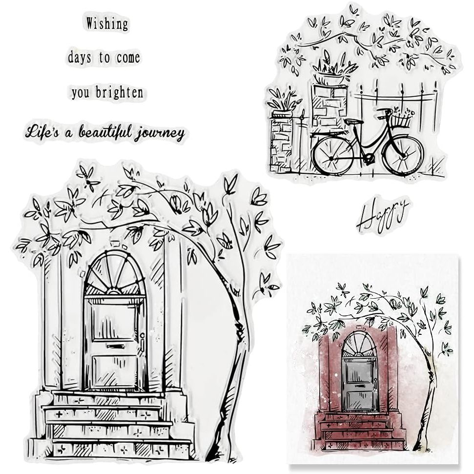 Buy now Door Bike Tree Scenery Clear Stamps for Card Making and Photo Album Decorations, Blessing Words Transparent Rubber Stamps Seal for DIY Scrapbooking at indiglob india