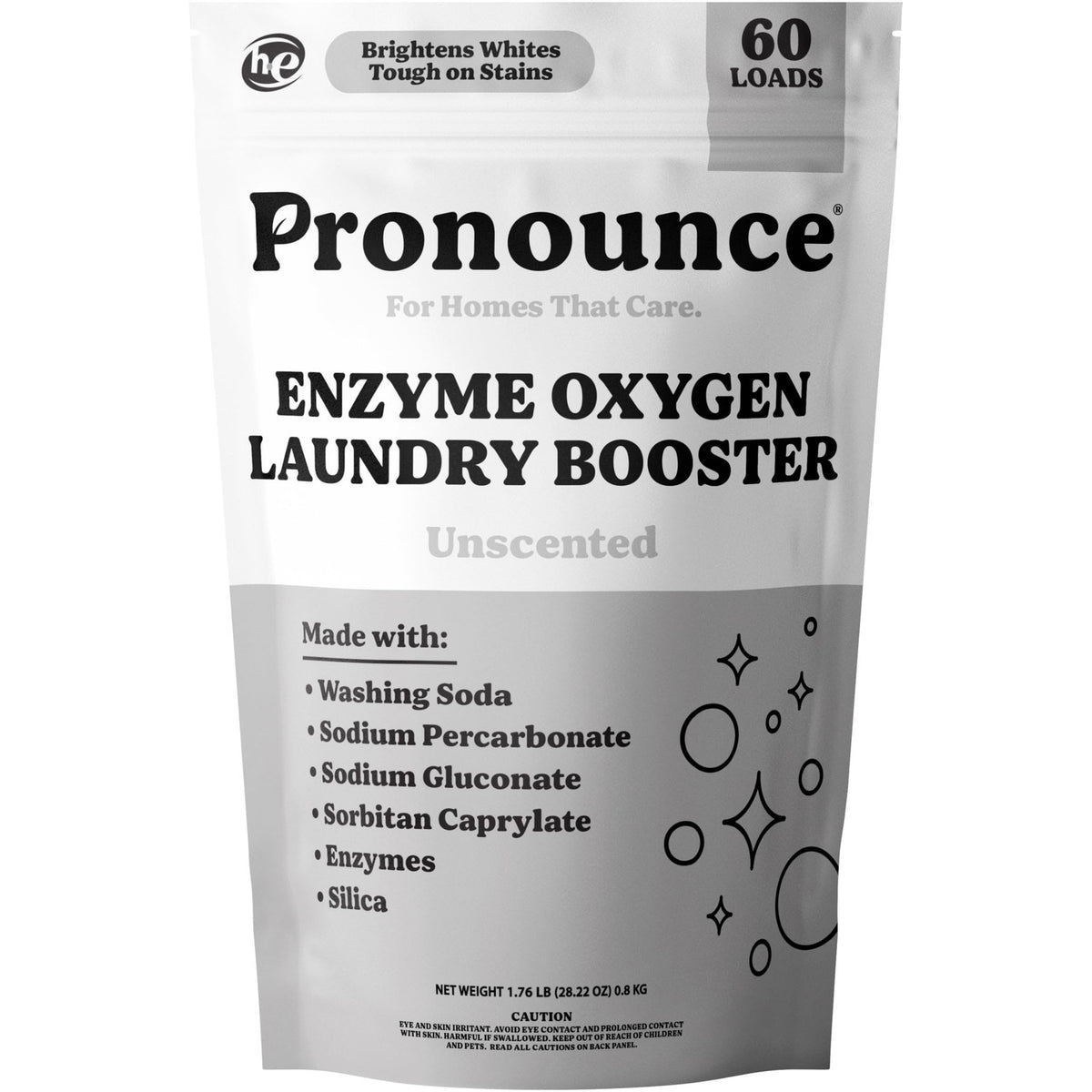 Pronounce Enzyme Oxygen Laundry Booster - Brightens White & Tough on Stains, Fights Odor. Enzyme Stain Fighter, Cleaner Ingredients, Fragrance Free - Ultra Concentrated, HE - 60 Loads (Unscented)