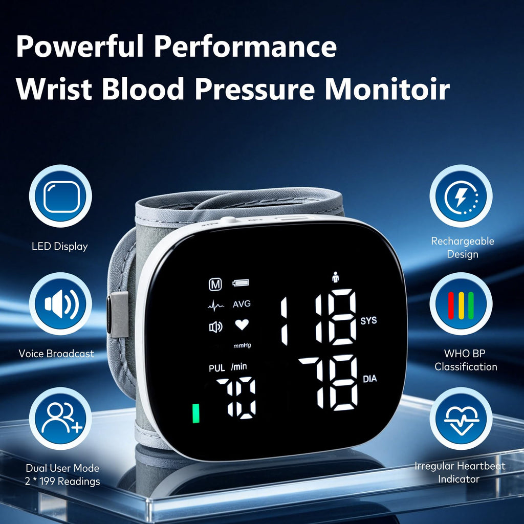 iHome Wrist Blood Pressure Monitor Rechargeable Digital Voice Broadcast LED Backlit BP Machine 199 Memory Storage for 2 Users with Carrying Case for Home Use
