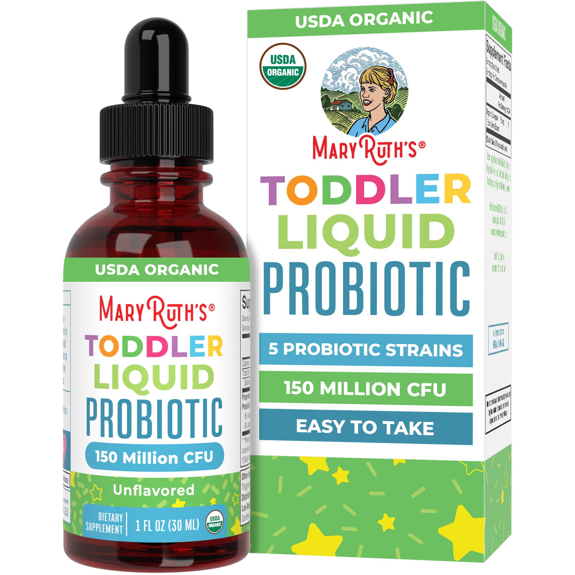 MaryRuth's Organic Toddler Probiotic Liquid Drops, Sugar Free, Ages 1-3 | 5 Probiotic Strains, 150 Million CFU Per Serving, USDA Organic, Sugar Free, Vegan