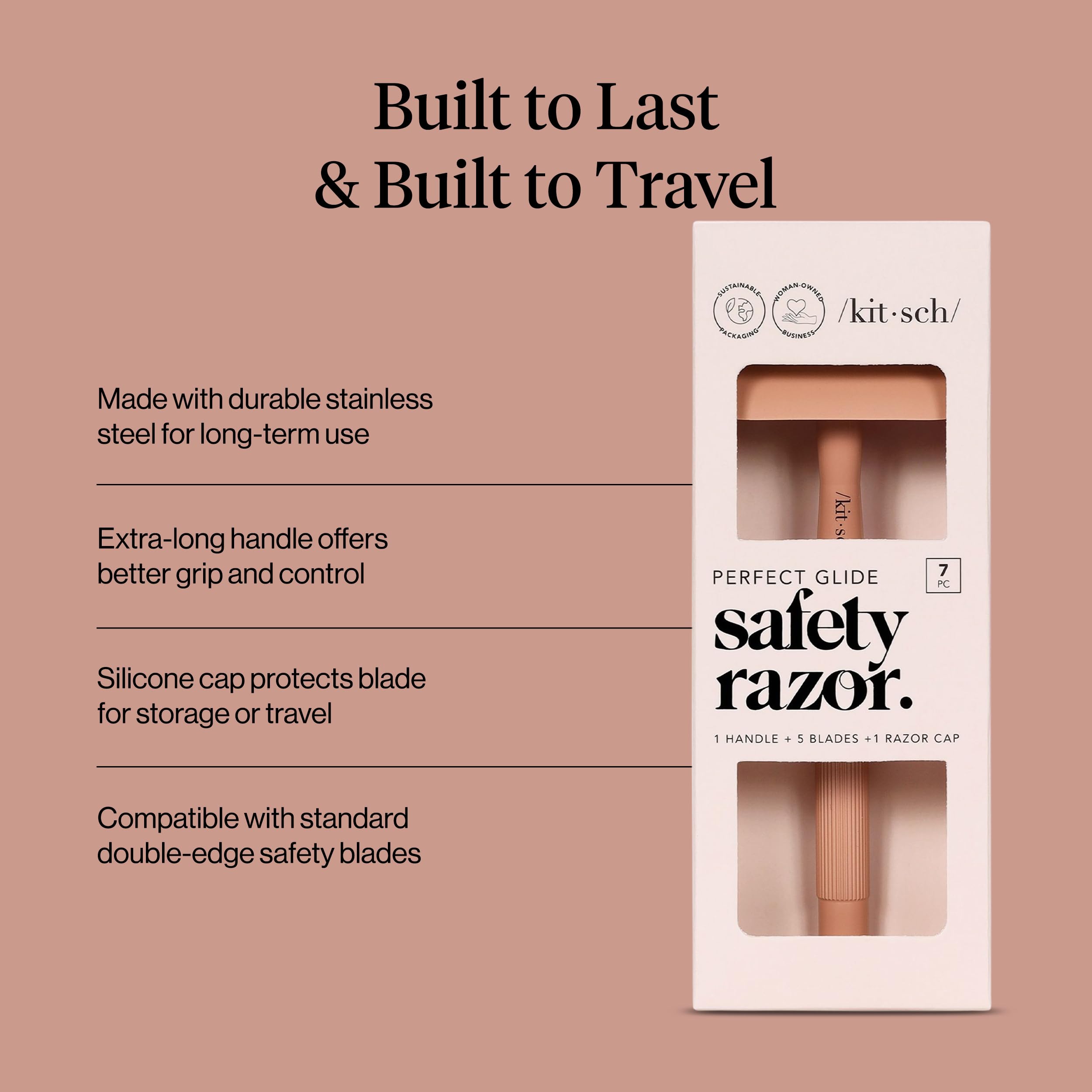 Buy now Kitsch Double Edge Safety Razors for Women and Men, Long Metal Handle and Stainless Steel Single Blade Razor with 5 Double Edge Refills, for Shaving and Travel Essentials - Terracotta at indiglob india