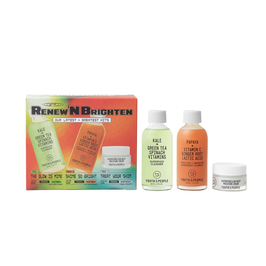 Buy now Youth To The People Renew N' Brighten Skincare Giftset - Travel Mini 3-Pc Set, Superfood Antioxidant Balancing Face Cleanser, Superfruit Gentle Exfoliating Facial Wash, Air Whip Hydrating Moisturizer at indiglob india