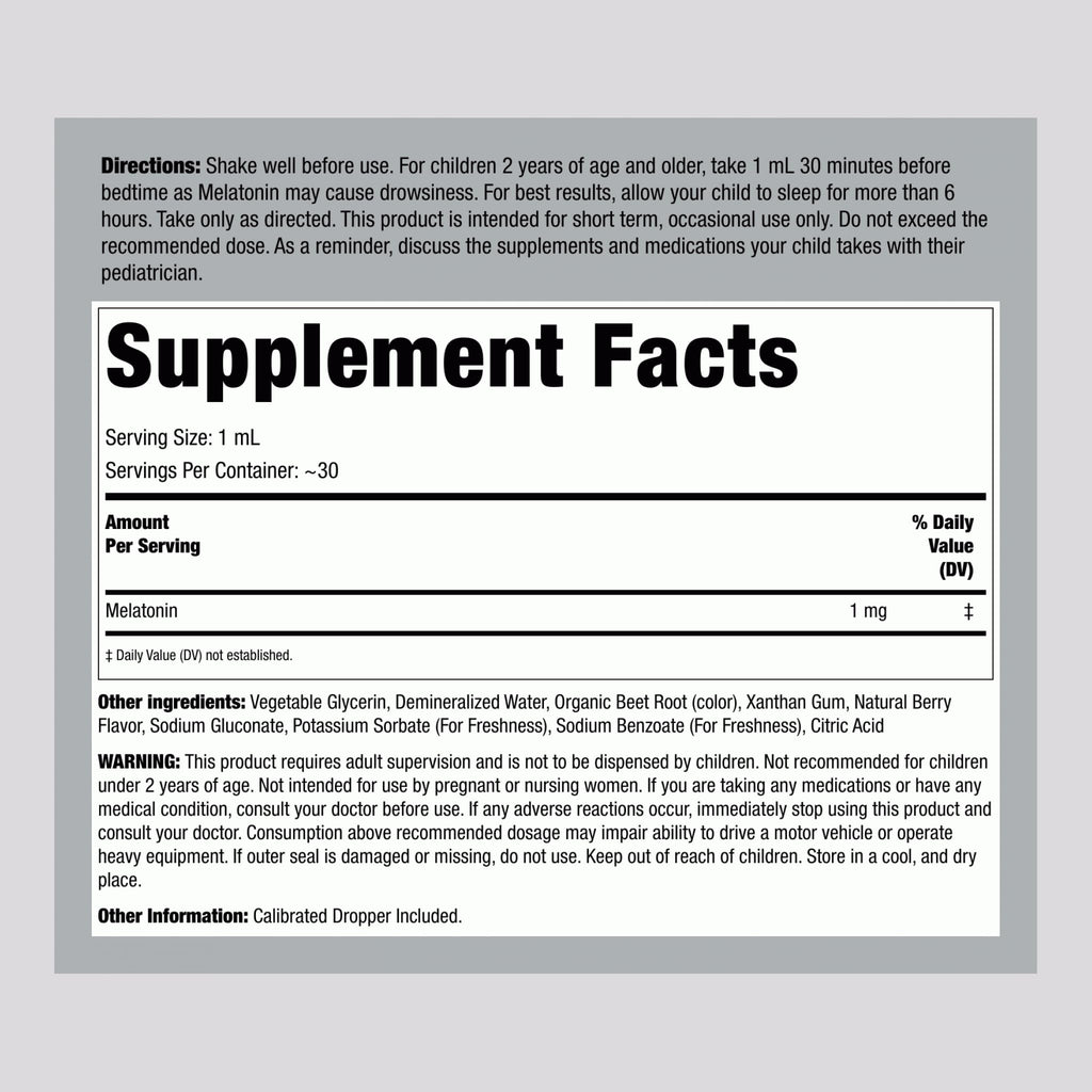 Piping Rock Kids Melatonin Liquid 1 fl oz | 1mg | Pack of 3 Bottles