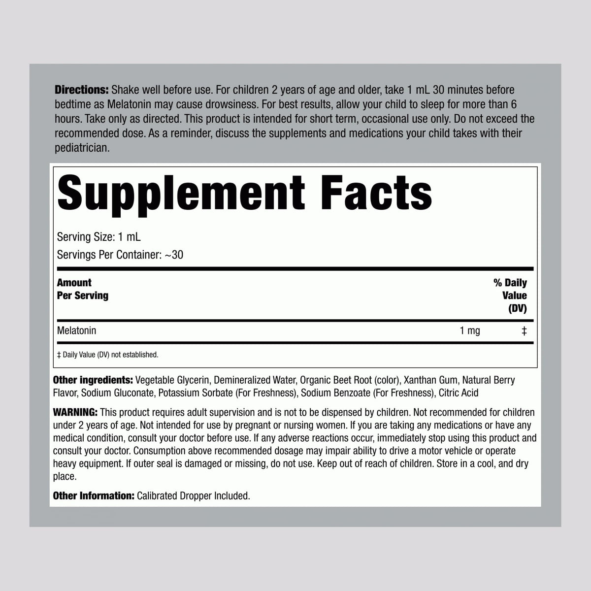 Piping Rock Kids Melatonin Liquid 1 fl oz | 1mg | Pack of 3 Bottles